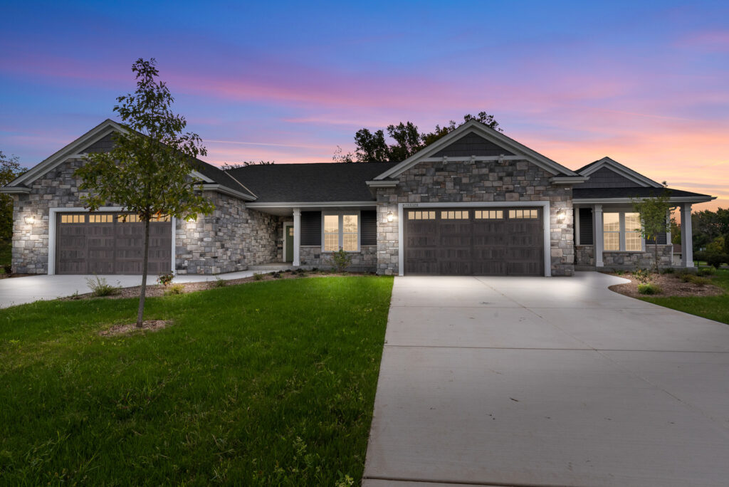 Aspen Cedar Duplex at Dusk by Stepping Stone Homes
