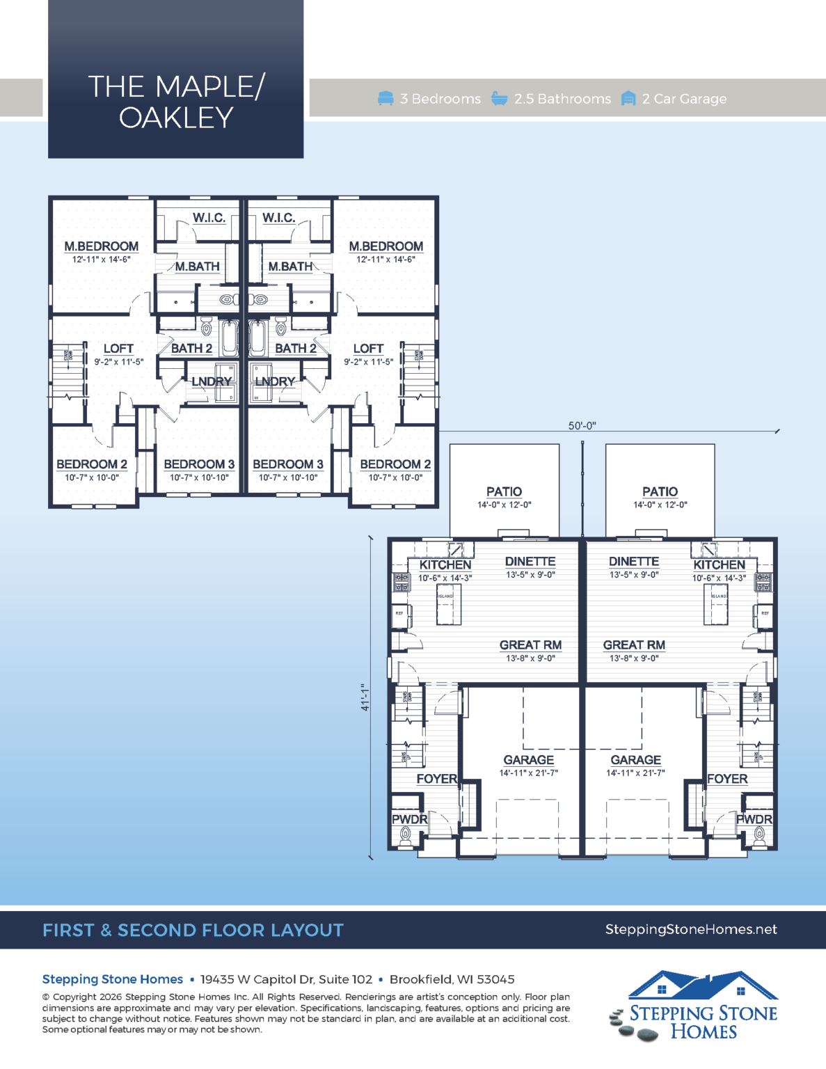 The Maple-Oakley 2-Story Duplex Floor Plan by Stepping Stone Homes